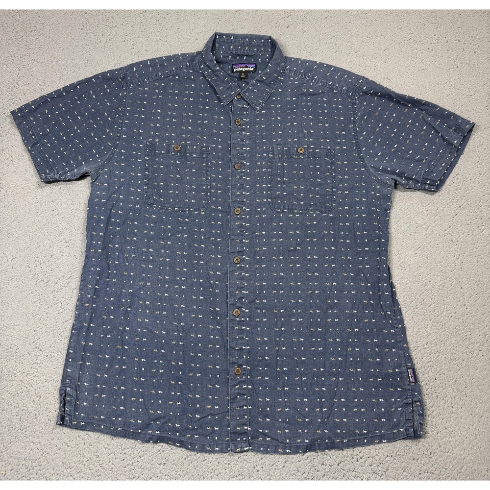Patagonia Shirt Mens XL Blue Hemp Organic Cotton Short Sleeve Button Up Casual